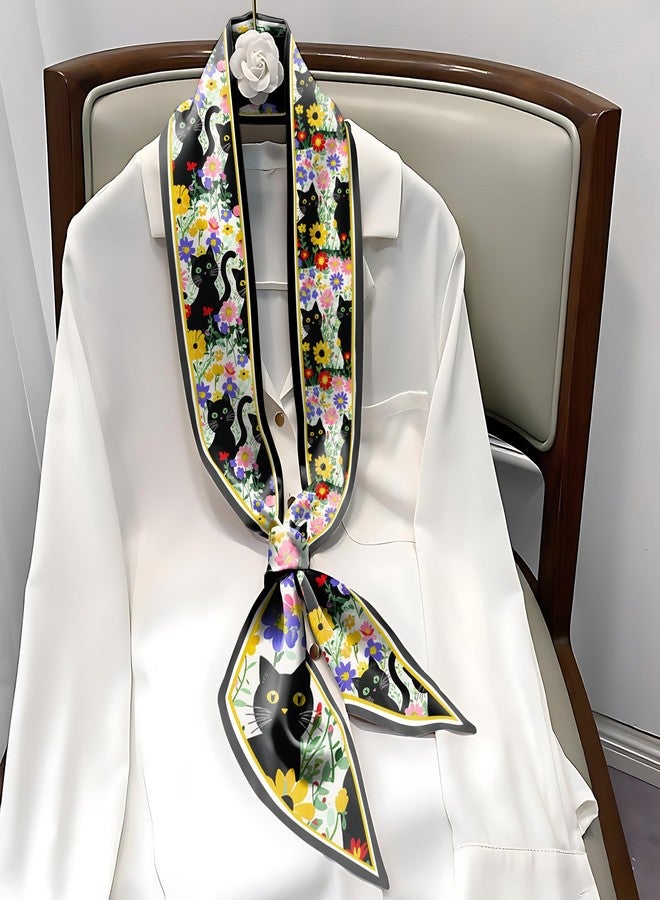 Cabreche 2PC Hair Head Scarf Neck Scarves Silk Feeling Long Oblique Angle Satin Cute Women Girls Handbag 59 * 6.7'' (AP19-Flower Cat) - Image 3